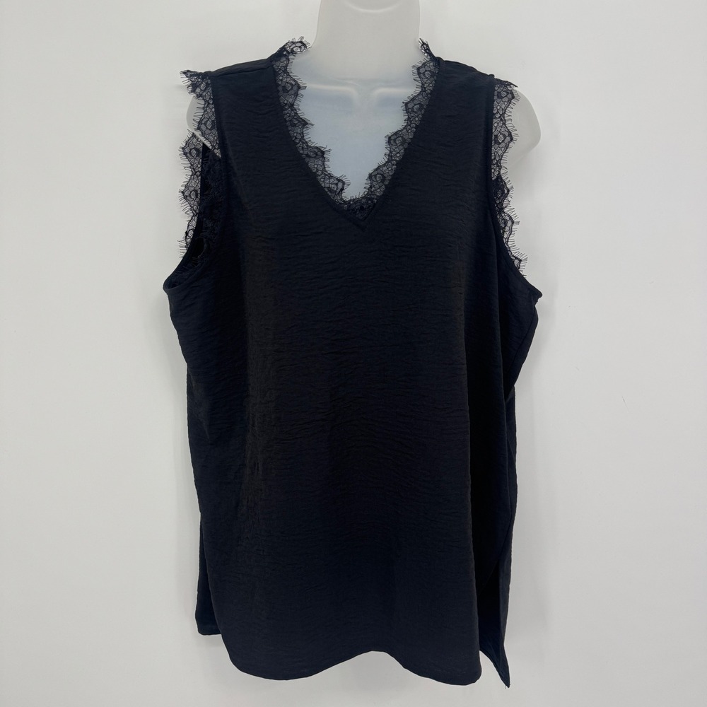 Adrianna Papell Lace Trim Tank Top Women L Black V-Neck Sleeveless Chic Layering